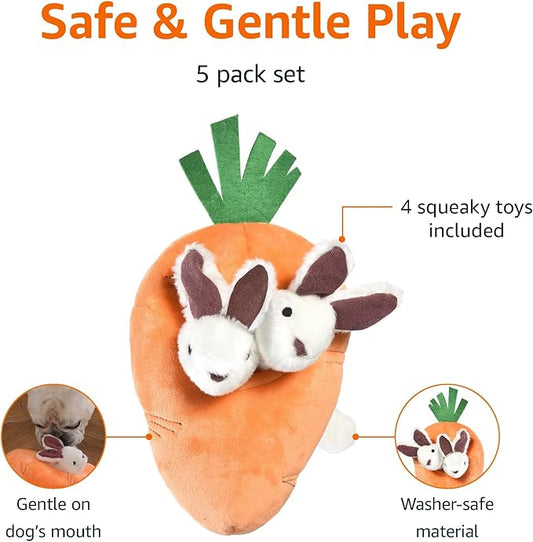 Amazon Basics Interactive Hide and Seek Squeaky Dog Plush Toy with Squeaker for Small Dogs, Rabbit and Carrot, Orange and White, 5-Pack