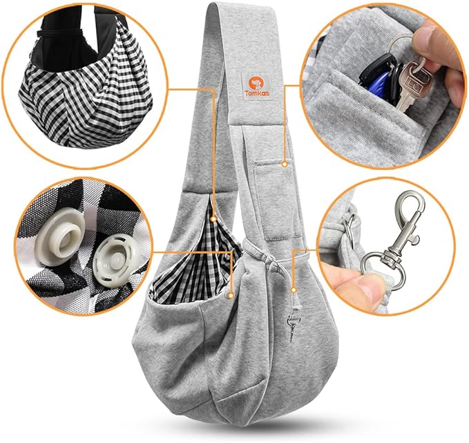 Tomkas Small Dog Sling Carrier - Zipper Pocket & Adjustable Strap & Zip Pocket - for 3-10 lbs Pets (Gray, M - Classic Pocket & Classic Strap)