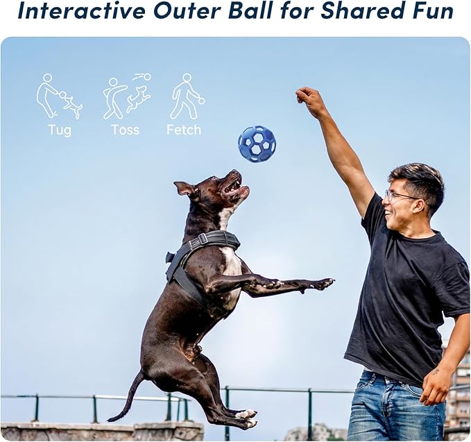 Unique Interactive Dog Toy with Ball-in-Ball Design, 4X Durable Rubber Outer Shell & Inner Smart Automatic Bouncing Ball to Keep Them Busy, Fetch&Puzzle&Chew Toys for Medium, Large High Energy Dogs