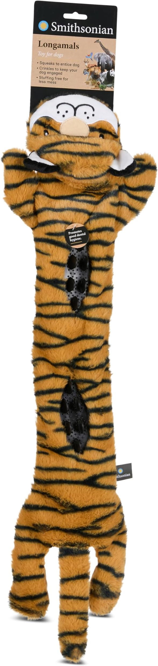 Smithsonian Longamals Tiger Plush Dog Toy – 30" Crinkle & Squeaky, Stuffing-Free Interactive Tug Toy for Medium & Large Dogs