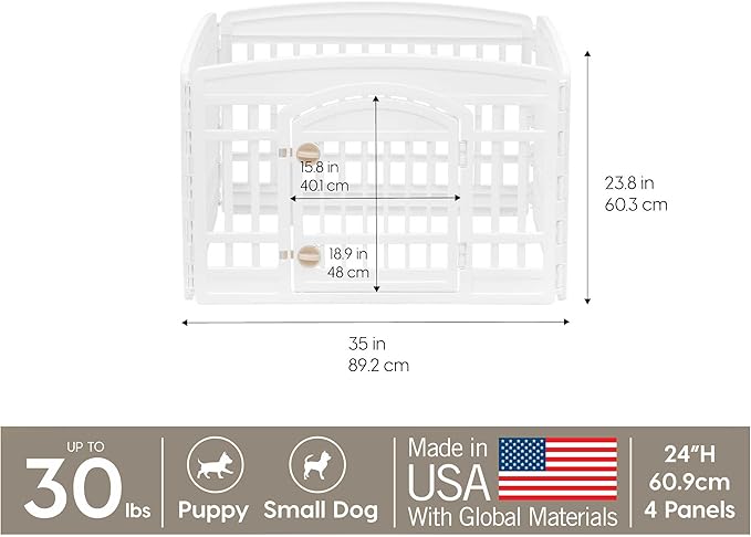 IRIS USA 24" Dog Playpen 4-Panel Pet Exercise Pen with Door Gate 35 x 35 x 24 Puppy Play Pen Indoor Outdoor Plastic Foldable Portable Pet Fence for Small Medium Dogs Puppies Multiple Pets White