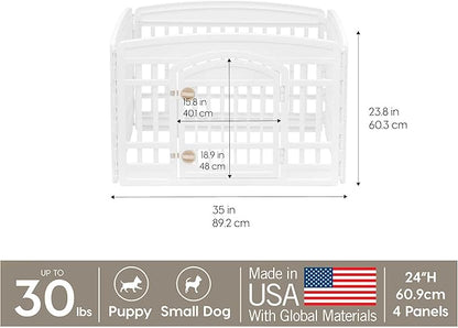 IRIS USA 24" Dog Playpen 4-Panel Pet Exercise Pen with Door Gate 35 x 35 x 24 Puppy Play Pen Indoor Outdoor Plastic Foldable Portable Pet Fence for Small Medium Dogs Puppies Multiple Pets White