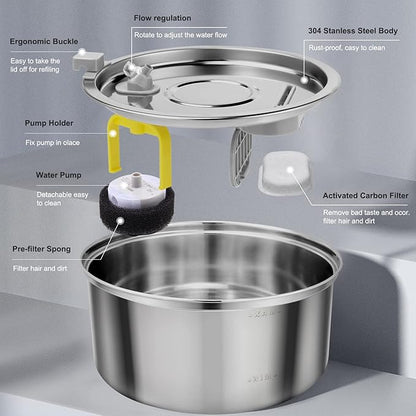 Automatic Stainless Steel Cat Water Fountain for Multi Pet Households, 3.2L/108oz, Large Capacity Dog Water Dispenser with Ultra Quiet Pump