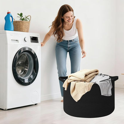 65L Large Blanket Basket,19.7" L x 19.7" W x 13" H Rope Woven Baskets with Handles, Toys Storage Bins,Laundry Basket Perfect for Living Room, Nursery,Bedroom,Home Organization,Black