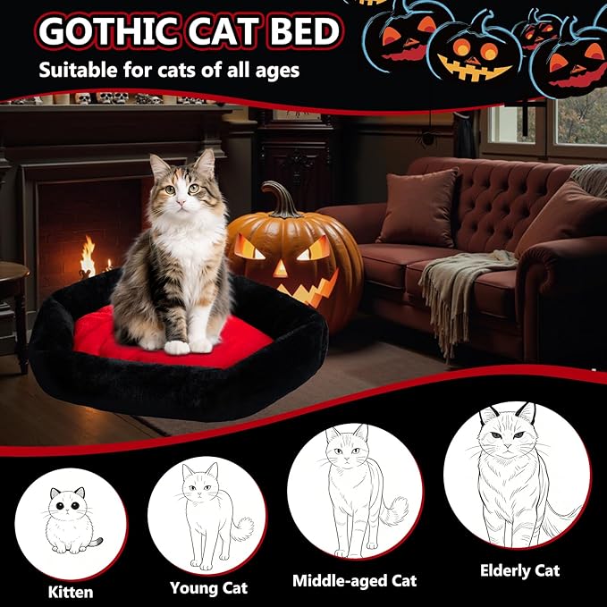 Cat Beds for Indoor Cats, Gothic Cat Beds Fits up to 30 lbs, Washble Coffin Dog Bed, Fluffy Pet Bed, Halloween House 28 * 20 Inch, Red & Black Medium