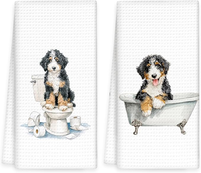 Funny Bernedoodle Dog Hand Towels Set of 2, Gifts for Bernedoodle Dog Owners Lovers, Cute Puppy Pet Decor for Bathroom, Funny Pet Lovers Gifts Toilet Hand Towels for Bathroom Washroom,16x24In