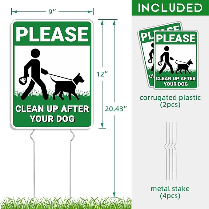 Clean Up After Your Dog Signs, 2 Pack Pick Up Dog Poop Yard Signs with Metal Stakes, Double Sided No Pooping Signs for Yard, UV Protected & Waterproof