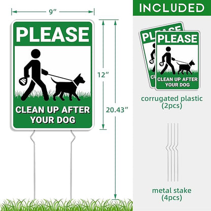 Clean Up After Your Dog Signs, 2 Pack Pick Up Dog Poop Yard Signs with Metal Stakes, Double Sided No Pooping Signs for Yard, UV Protected & Waterproof