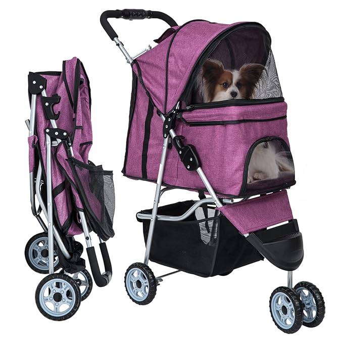 Dog Stroller for Small Dogs,Pet Stroller Strolling Cart Folding Pet Gear Lightweight Waterproof with Storage Basket for Puppy Small Medium Dogs Cats for Travel,Purple