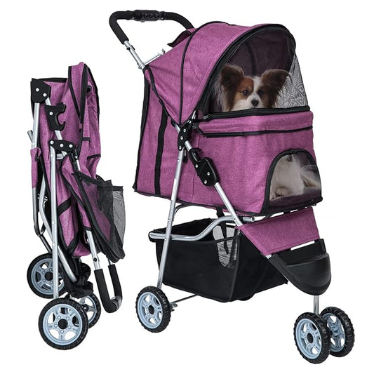 Dog Stroller for Small Dogs,Pet Stroller Strolling Cart Folding Pet Gear Lightweight Waterproof with Storage Basket for Puppy Small Medium Dogs Cats for Travel,Purple