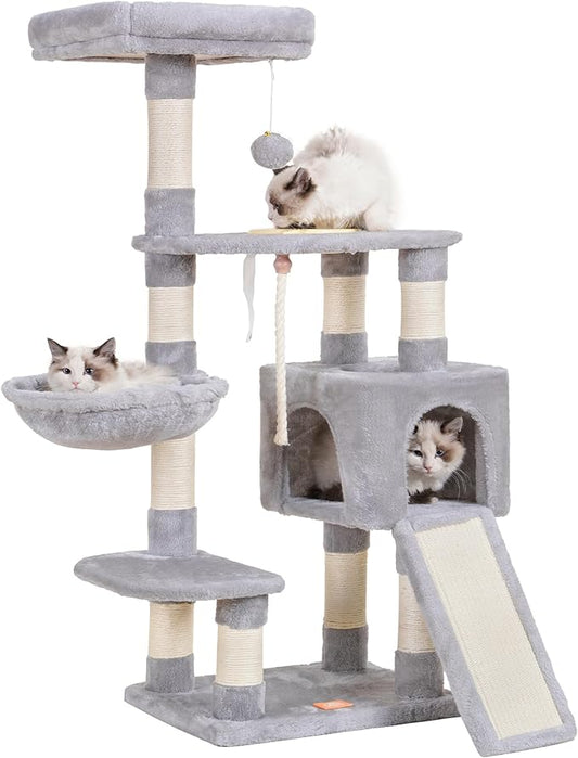 Heybly Cat Tree, Cat Tower for Indoor Cats with Scratching Board, Multi-Level Cat Furniture Condo with Feeding Bowl Light Gray HCT010SW
