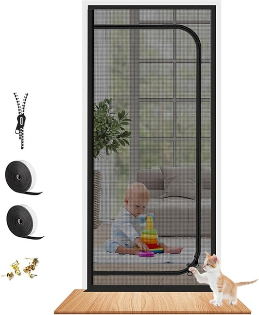 Upgraded Reinforced Pet Screen Door Thickened Cat Resistant Mesh Screen Door for Living Room, Bedroom, Patio, Dog Cat Scratch Proof Screen with Zipper Closure (Fits Door Size up to 38''x 82'', Black)