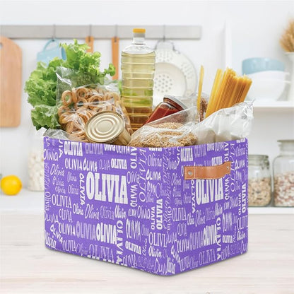 Custom Storage Baskets for Kids with Name, Large Foldable Organizer Collapsible Storage Bin with Leather Handle for Home Toys Closet Nursery, Violet Purple Light Solid Background