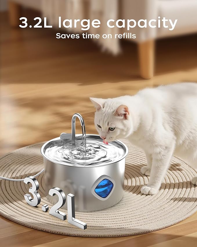 Cat Water Fountain Stainless Steel - 108oz/3.2L Pet Gift Dog Water Dispenser Automatic Silent Cats Dispenser for Drinking Indoor Metal Kitty Spout Fountains with 4 Filters + 4 sponges