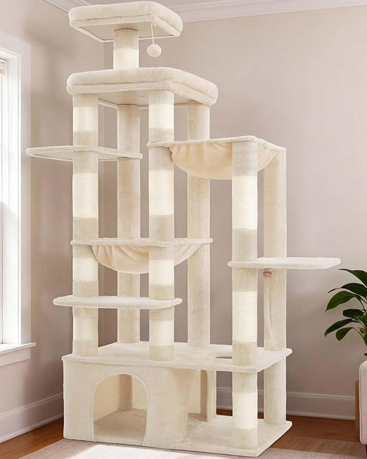 Heybly Cat Tree, 71-Inch Tall Cat Tower for Large Maine Coon Cats with Extra-Large Baseboard, Cat Condo Furniture with Multi-Level Platforms, 2 Hammocks and 12 Scratching Posts, Beige HCT037M