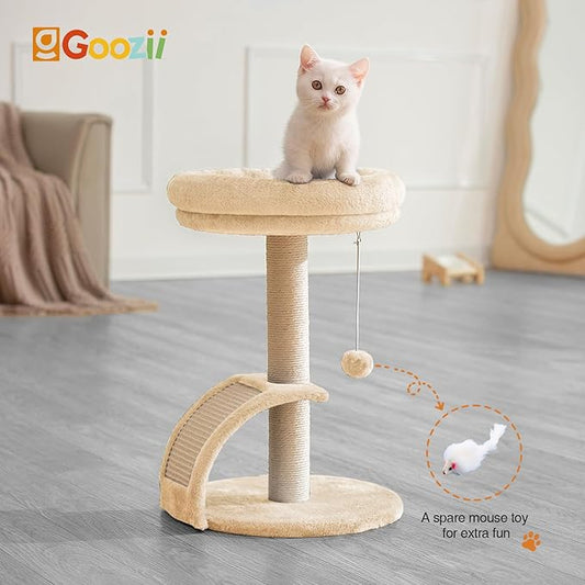 Goozii Cat Scratching Post Tower for Indoor Cats, Small Cat Tree Tower with Bed and Hanging Ball Toys, Short Modern Carpet Kitten Scratcher Stand with Large Round Perch and Scratch Ramp (Beige)