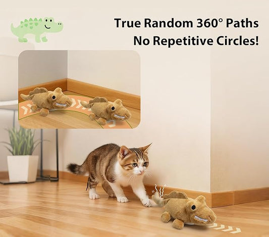 Interactive Cat Toys for Indoor Cats – Auto Moving Alligator with 360° Random Movement & Tail Wagging, Rechargeable Cat Exercise Toy with Catnip, Self-Play Fun for Bored Adult Cats-Brown