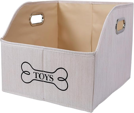 Geyecete Dog Toys Storage Bin With Wooden Handle - Decorative Rectangular Soft Felt Organizer Basket for Pet Supplies - Beige