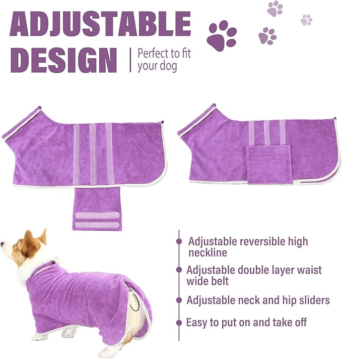 Dog Robe - Fast Drying Towel - Microfiber Super Absorbent Pet Bathrobe, Adjustable Collar & Belly Strap (Purple, Small)