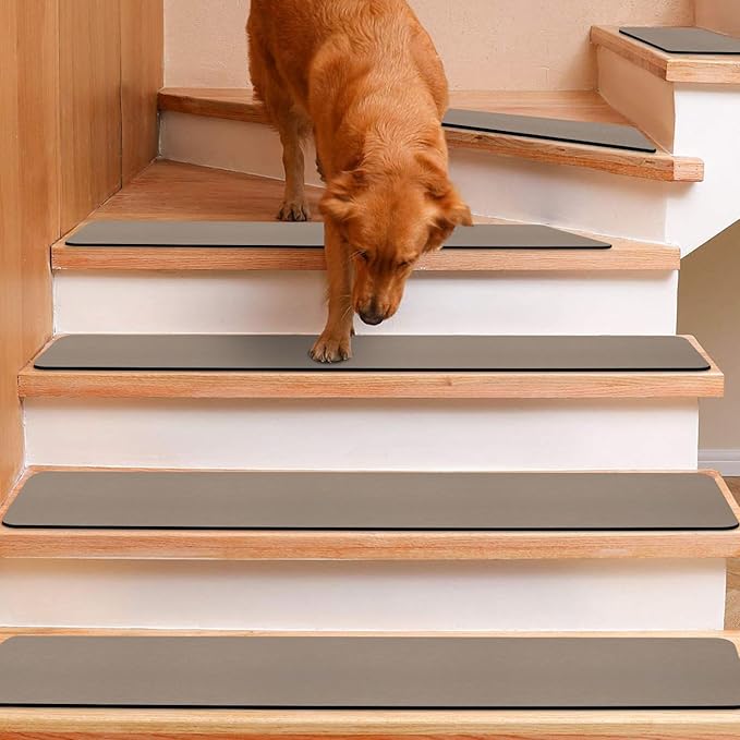 Rubber Backed Stair Carpet Treads Set of 15, Non Slip Stair Tread Covers for Wooden Steps, Machine Washable Basement Step Rugs Stair Pads, 8"x30", Brown