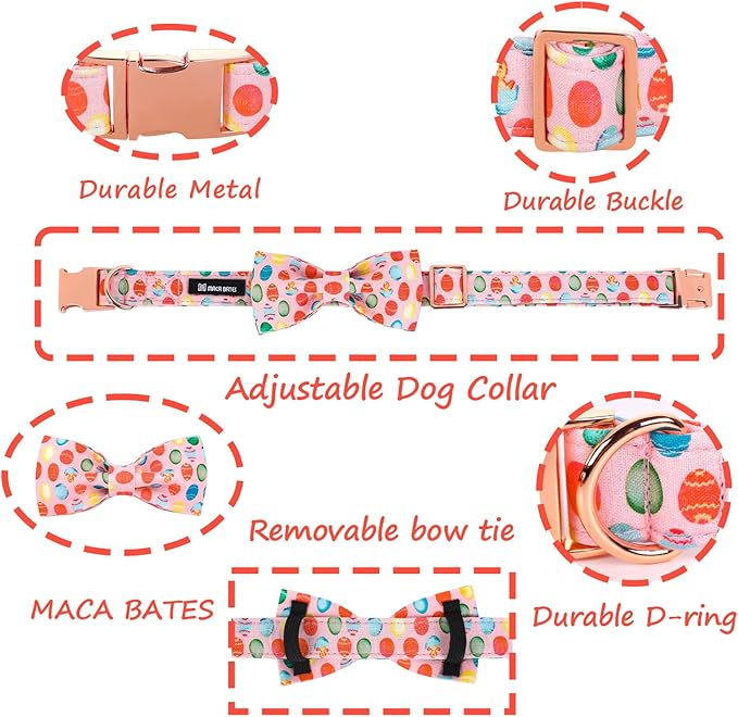 Maca Bates Easter Day Dog Collar with Fancy Bow Tie for Extra Large Girl Boy Dogs, Pink Easter Egg,Chick Pattern,Adjustable Durable Soft Breakaway Collars for Male Female Puppy