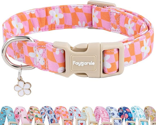Faygarsle Floral Dog Collar, Pink and Orange Pattern with White Flowers, Spring Summer Design for Small Medium Large Dogs L