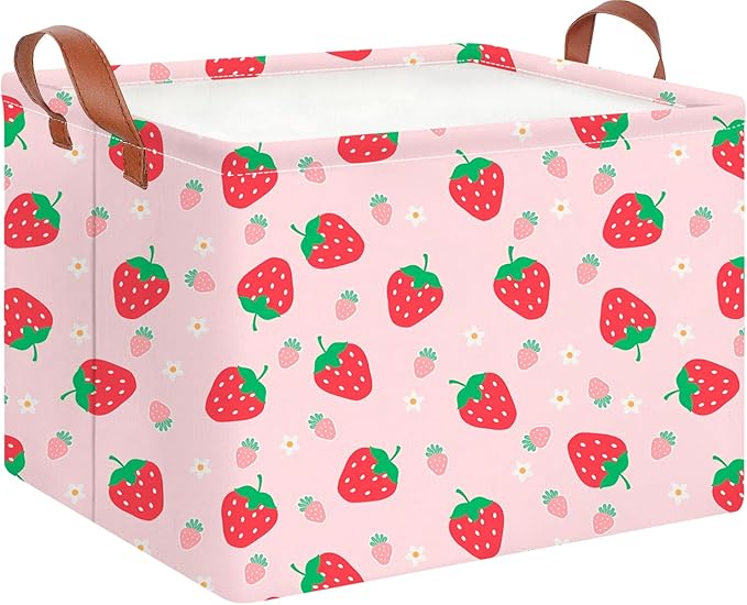 CLOCOR Rectangular Storage Basket,Collapsible Cute Pattern Storage Bin,Waterproof Books Box with Handles,Gift Basket(Strawberry)