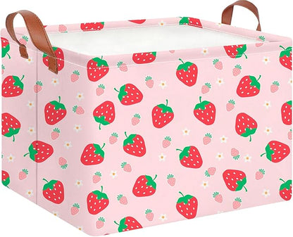 CLOCOR Rectangular Storage Basket,Collapsible Cute Pattern Storage Bin,Waterproof Books Box with Handles,Gift Basket(Strawberry)