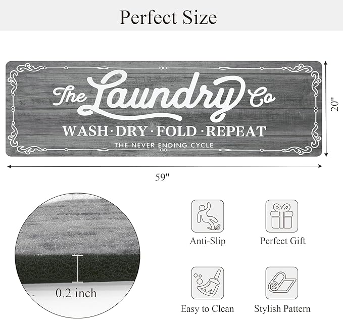 Pauwer Laundry Room Rug Runner 20"x60" Waterproof Rubber Laundry Mat Non Slip Kitchen Mats for Floor Washable Floor Mat Runner Rug for Farmhouse Mudroom Washroom Bathroom Decor