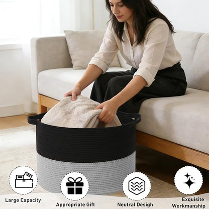 90L Large Blanket Basket,21.7"L x 21.7"W x 13.8"H Rope Woven Baskets with Handles, Toys Storage Bins,Laundry Basket Perfect for Living Room, Nursery,Bedroom,Home Organization,Black&Light Grey