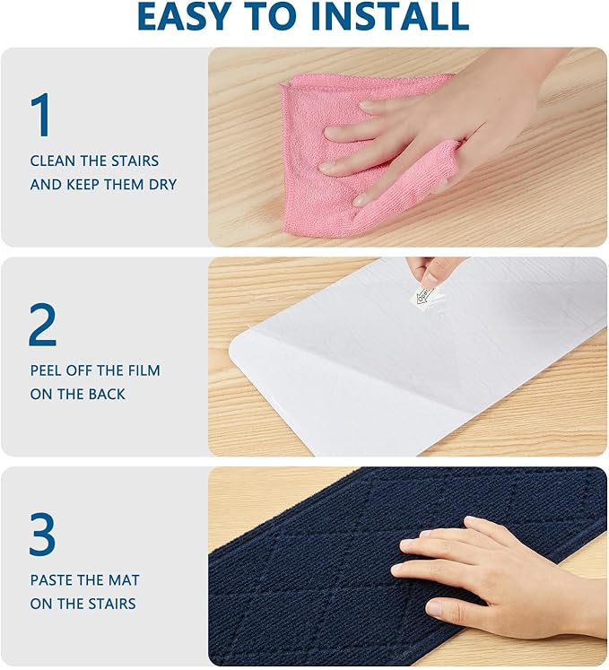 Stair Treads for Wooden Steps Indoor, 15 Pack 8" X 30" Non Slip Carpet Stair Treads with Reusable Adhesive for Kids Elders and Dogs, Surface Polyester TPR Backing Stair Rugs,Navy
