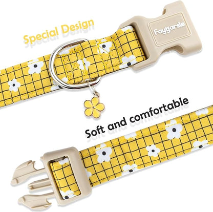 Faygarsle Floral Plaid Pattern Dog Collar, Yellow with White Flowers Summer Spring Design for Small Medium Large Dogs L