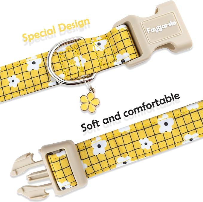 Faygarsle Floral Plaid Pattern Dog Collar, Yellow with White Flowers Summer Spring Design for Small Medium Large Dogs L