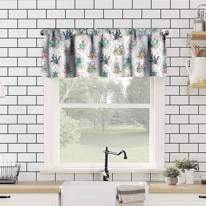 Bohemian Plants Window Valance Curtains, Green Houseplant Succulents Cactuses Boho Tropical Indoor Plant Potted Flower Valance Curtain for Farmhouse Bedroom Living Room Kitchen 54x18inch