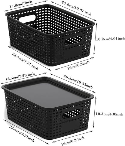 Plastic Storage Basket with Lids 10 Pack Stackable Black Storage Bins Containers with Lid, Decorative Storage Boxes for Organizing Shelves, Drawers, Playroom, Classroom, Office, Closet