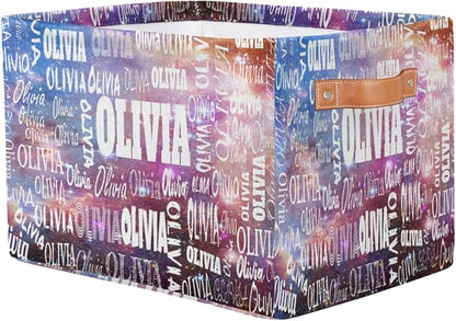 Personalized Storage Basket with Name, Rectangle Toys Storage Bin with Handles for Baby, Boys, Girls, Collapsible Basket for Clothes, Books, Purple Galaxy Universe
