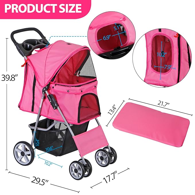 LEMY Foldable Pet Stroller,4 Wheels Cat/Dog Stroller with Weather Cover for Small/Medium Dogs and Cats,Pink Pet Strolling Cart with Storage Basket and Cup Holder