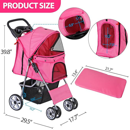 LEMY Foldable Pet Stroller,4 Wheels Cat/Dog Stroller with Weather Cover for Small/Medium Dogs and Cats,Pink Pet Strolling Cart with Storage Basket and Cup Holder