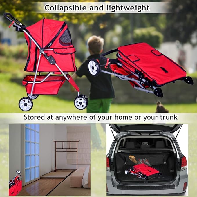 Dkeli 3-Wheel Pet Stroller, Lightweight Foldable Dog Stroller for Small Medium Dogs & Cats, Breathable Mesh & Weather Cover with Storage Basket, for Daily Walk Outdoor Travel (Red)