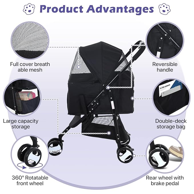 3-in-1 Folding Pet Stroller for Medium Small Dogs & Cats - 3 Wheels, Lightweight Travel Stroller with Detachable Carrier, Black