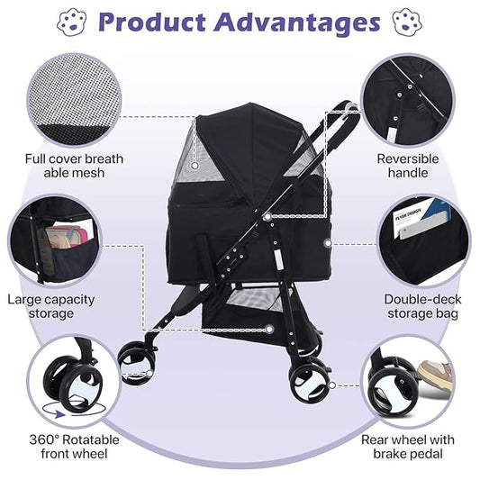 3-in-1 Folding Pet Stroller for Medium Small Dogs & Cats - 3 Wheels, Lightweight Travel Stroller with Detachable Carrier, Black