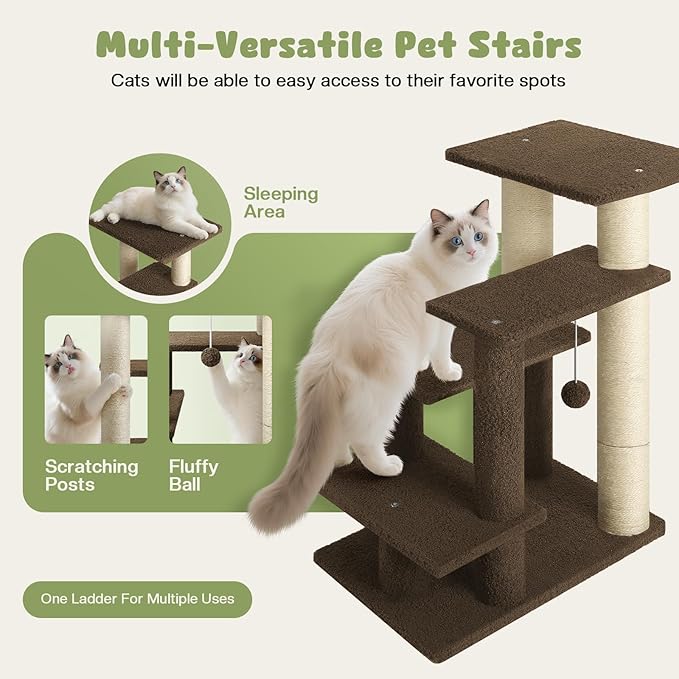 4-Step Pet Steps for Cats/Dogs, Cat Stairs with Sisal Scratching Post, Cat Steps for Older Cats with Enlarge Perch, Pet Stairs for High Bed and Couch, Brown