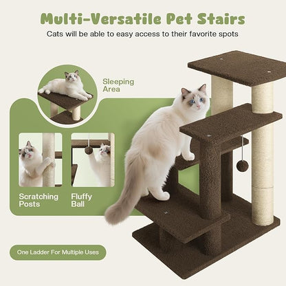 4-Step Pet Steps for Cats/Dogs, Cat Stairs with Sisal Scratching Post, Cat Steps for Older Cats with Enlarge Perch, Pet Stairs for High Bed and Couch, Brown