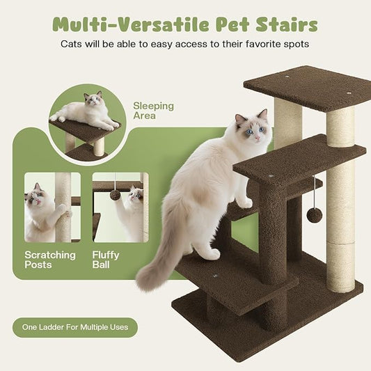 4-Step Pet Steps for Cats/Dogs, Cat Stairs with Sisal Scratching Post, Cat Steps for Older Cats with Enlarge Perch, Pet Stairs for High Bed and Couch, Brown