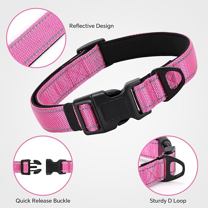 Reflective Dog Collar with Quick Release Buckle - Metal Ring - Adjustable Soft Neoprene Padded Basic Dog Collar for Small Medium Large Dogs (Hotpink, Medium :Width 1",Neck 13.8-19.6")