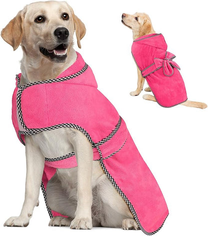 Dog Bathrobe with Hood - Super Absorbent Quick Drying Microfiber Pet Towel Dog Robe for After Bath (Rose red, Large)