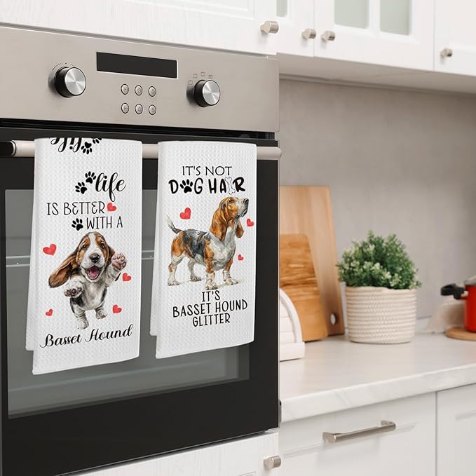 Basset Hound Gifts Kitchen Towels Set of 2, Funny Dog Hand Towels for Bathroom Kitchen Decor, Basset Hound Gifts for Women Dog Owners, Gift forDog Lovers Moms Dishcloths Dish Towel 16X24 Inches