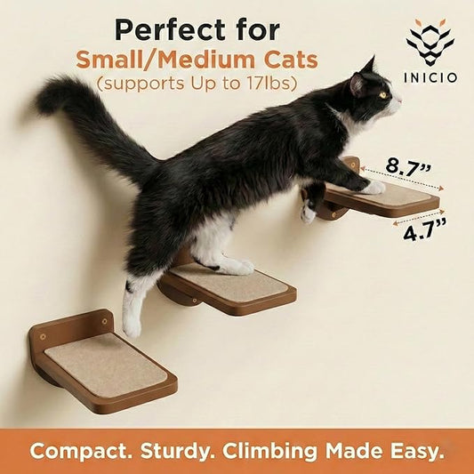 INICIO Cat Wall Stairs - Set of 3 Wall Steps for Cats to Climb with Fixtures, 8.7"x4.7" - Floating Steps for Climbing or Playing - for Kittens and Adult Cats, Dark Brown