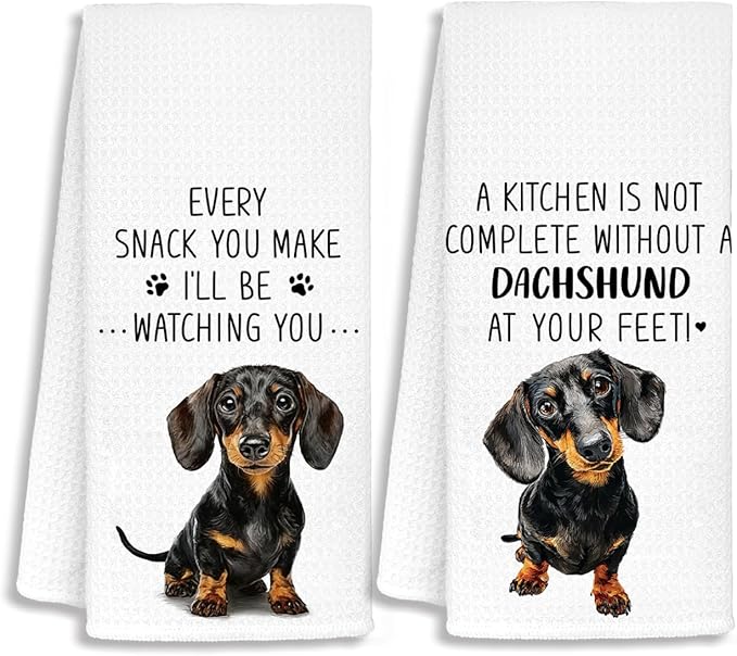 Funny Dachshund Kitchen Towels, Gifts for Dachshund Lovers Women Dish Tea Towels, Dog Mom Dad Lovers Owner Gifts Wiener Dog Gift for Women, Wiener Dogs Gifts Tea Towel, 16x24 Inch Set of 2