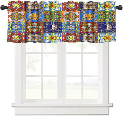 Mexico Fiesta Valance Curtains Mexican Fiesta Cinco De Mayo Ceramic Tiles Rustic Pattern Window Treatment Valances Short Curtains Rod Pocket Drape for Dining Room Home Kitchen Decor, 54x18inch